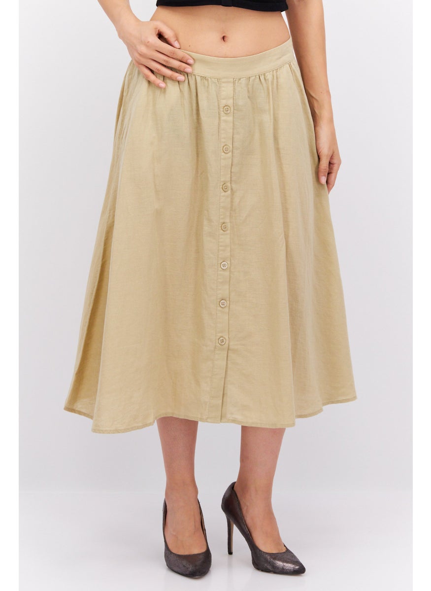 Women Plain Basic Midi Skirt, Beige