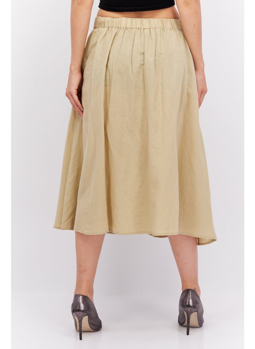 Women Plain Basic Midi Skirt, Beige