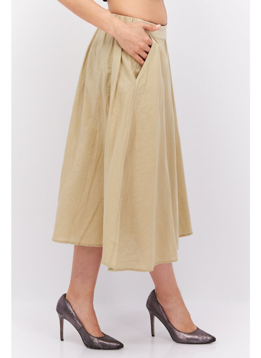 Women Plain Basic Midi Skirt, Beige