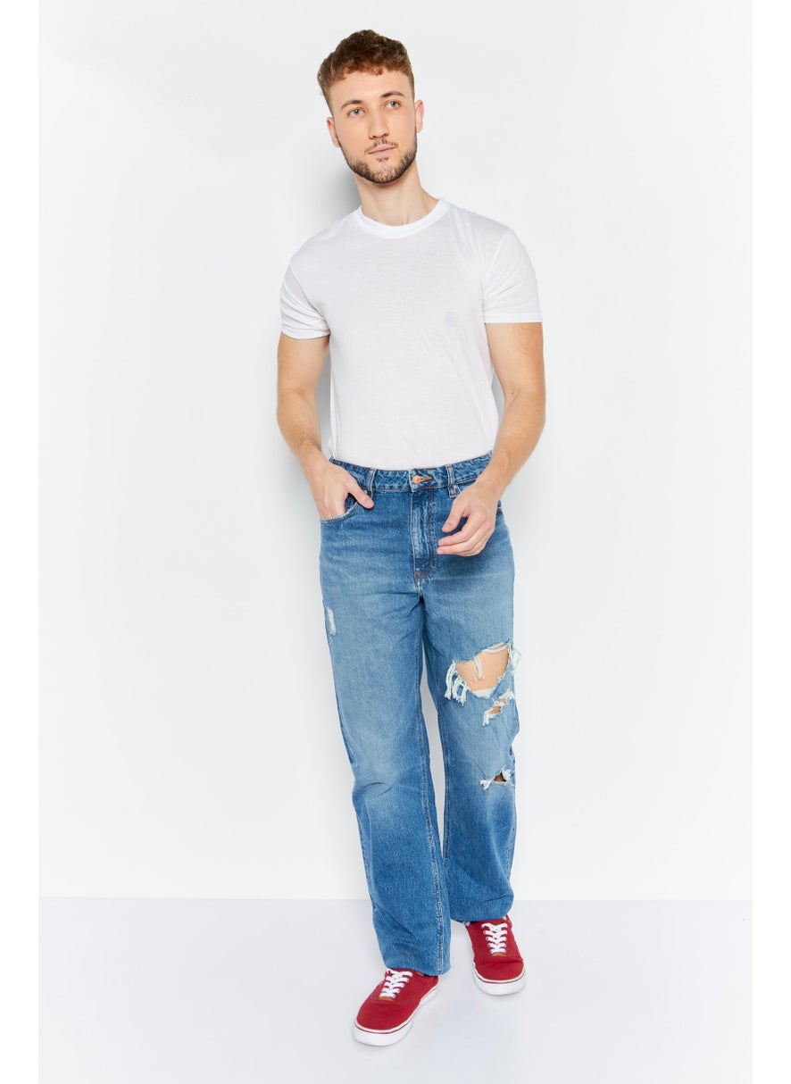 Men Straight Fit Ripped Stretchable Jeans, Blue Wash