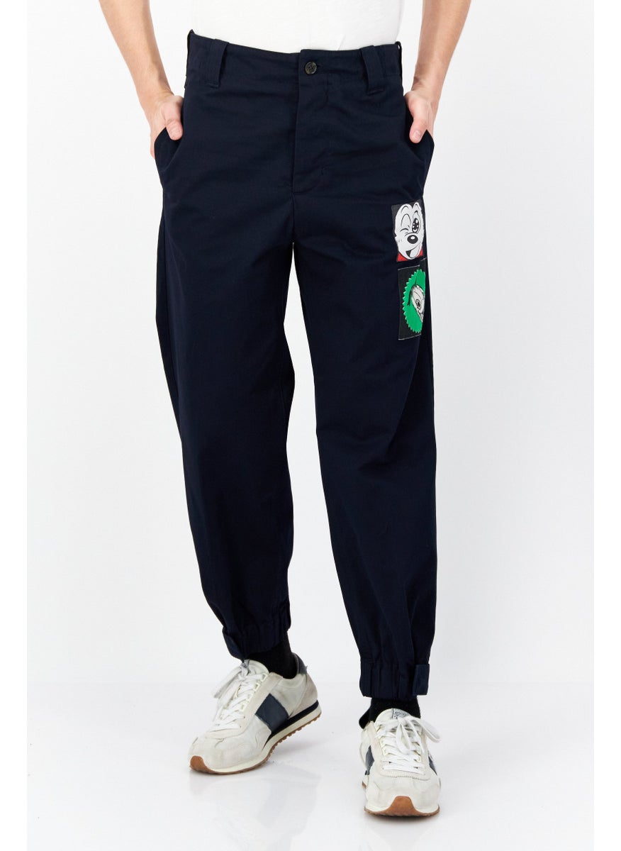 Men Regular Fit Patch Straight Pants, Navy Blue