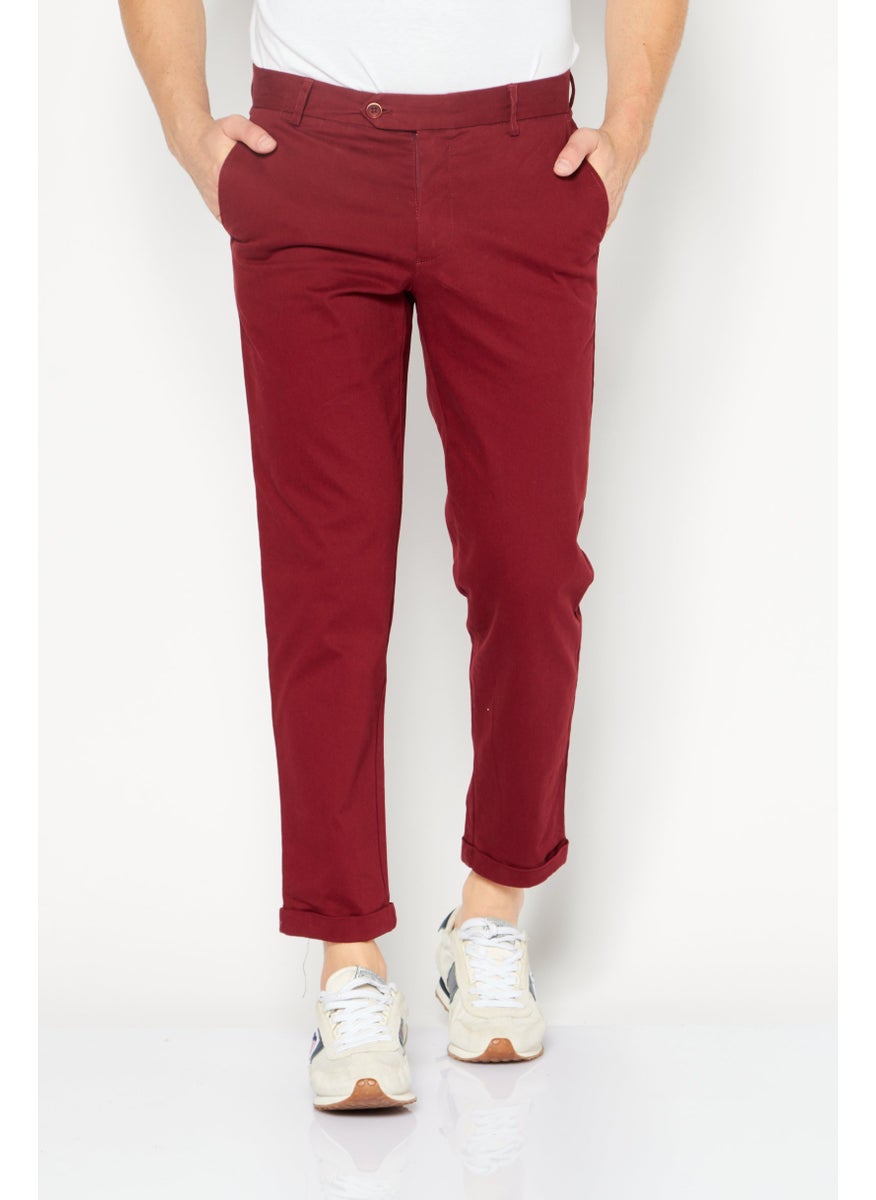 Men Regular Fit Plain Chino Pants, Dark Red