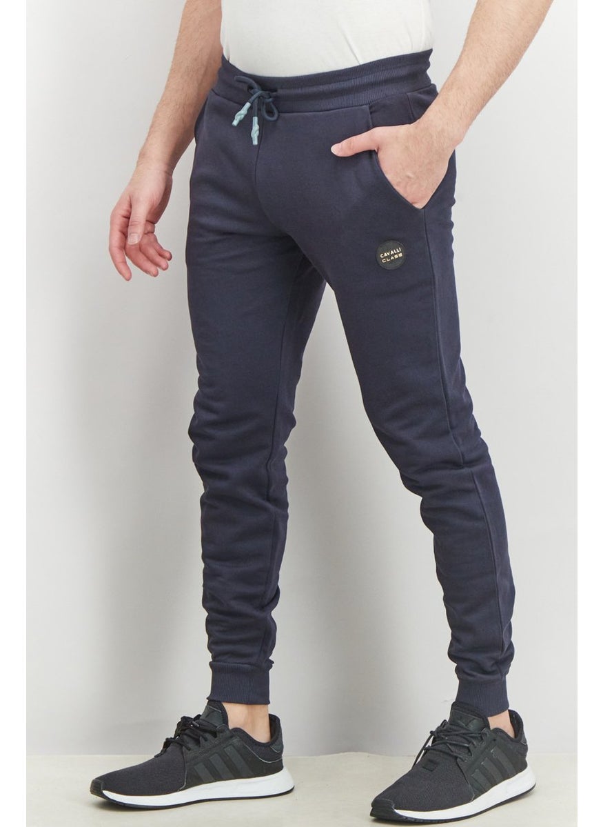 Men Regular Fit Drawstring Patch Logo Pants, Navy