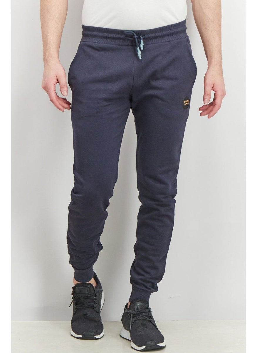 Men Regular Fit Drawstring Patch Logo Pants, Navy