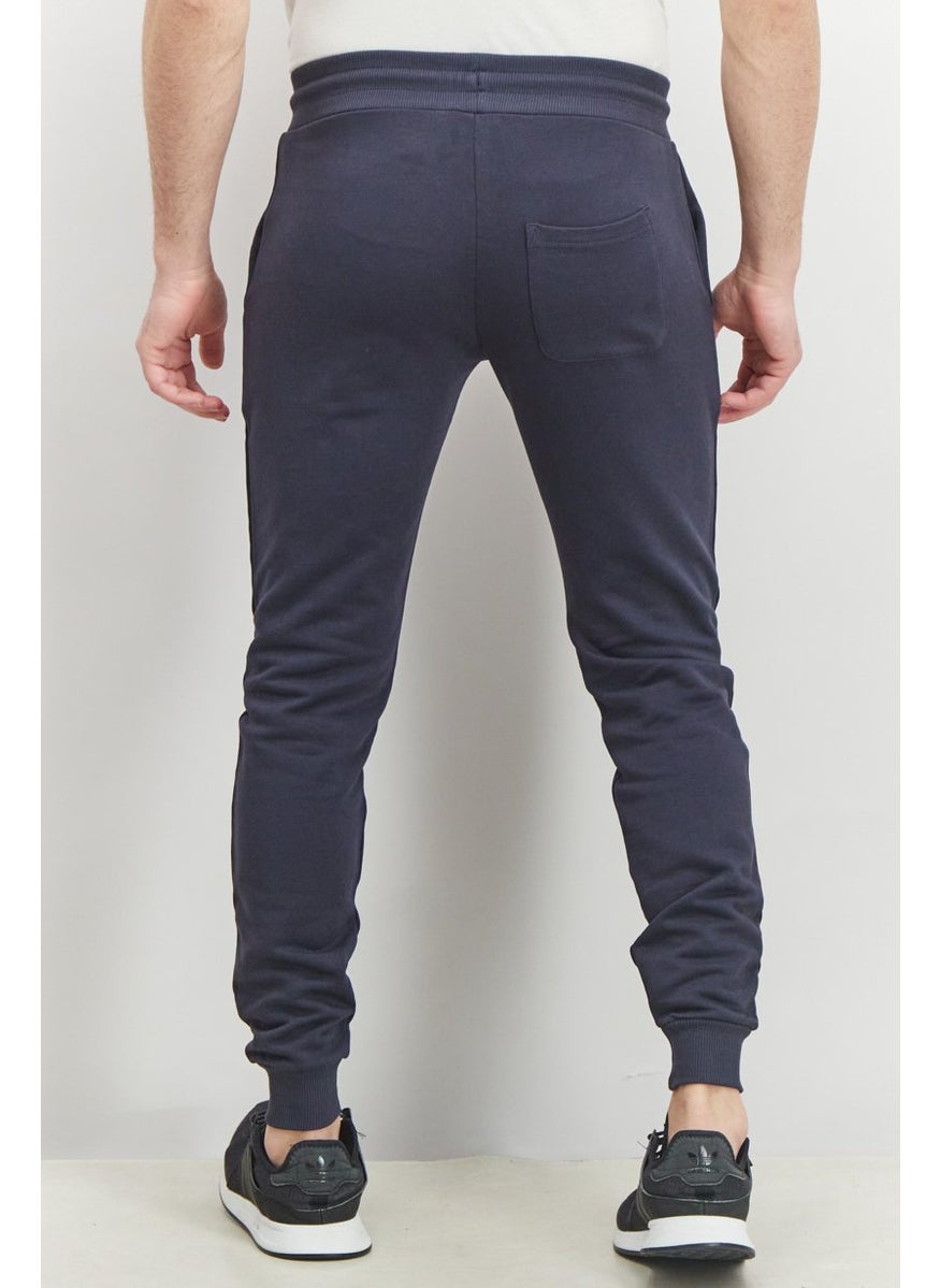 Men Regular Fit Drawstring Patch Logo Pants, Navy