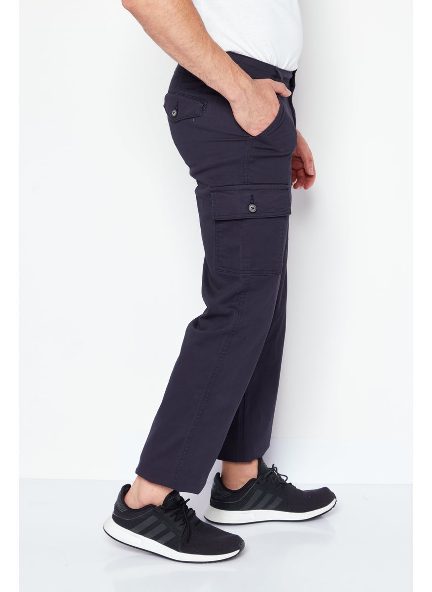 Men Slim Fit Plain Cargo Pants, Navy