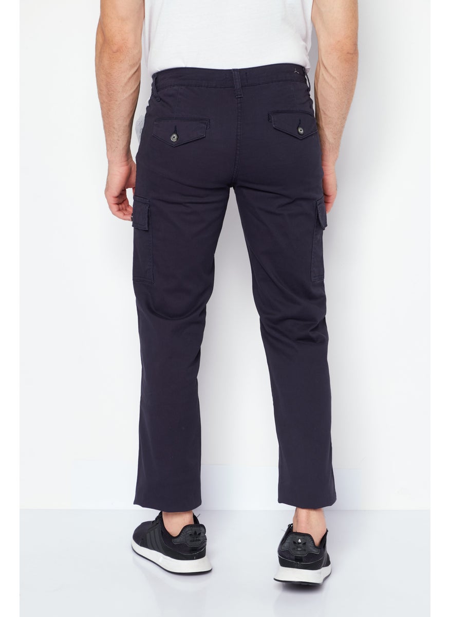 Men Slim Fit Plain Cargo Pants, Navy