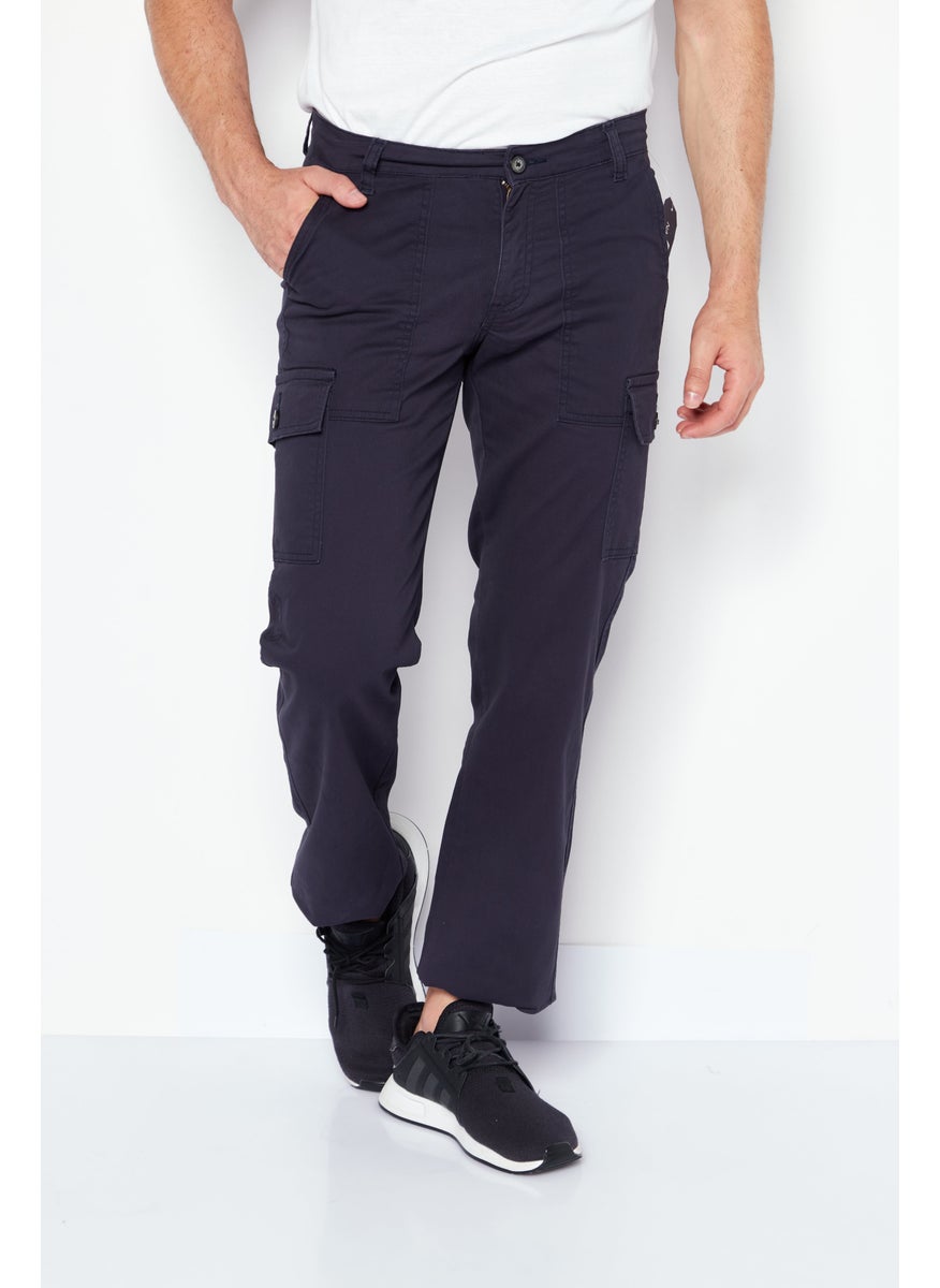 Men Slim Fit Plain Cargo Pants, Navy