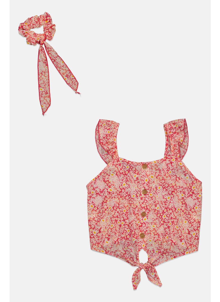 Kids Girl Floral Print Top With Scrunchies, Pink Combo