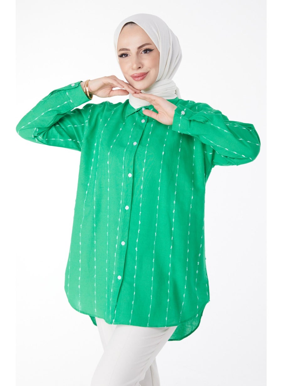 Plain Shirt Collar Women's Green Striped Shirt - 25043