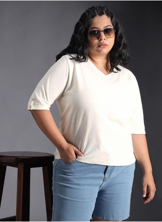 Women's White 100% Cotton Solid Pattern Regular Fit T-Shirt
