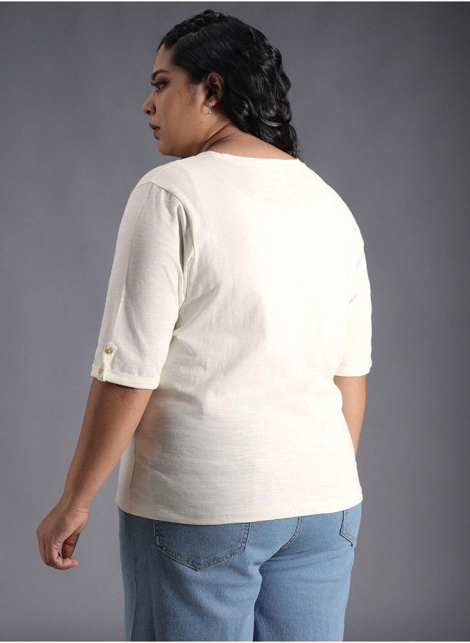 Women's White 100% Cotton Solid Pattern Regular Fit T-Shirt