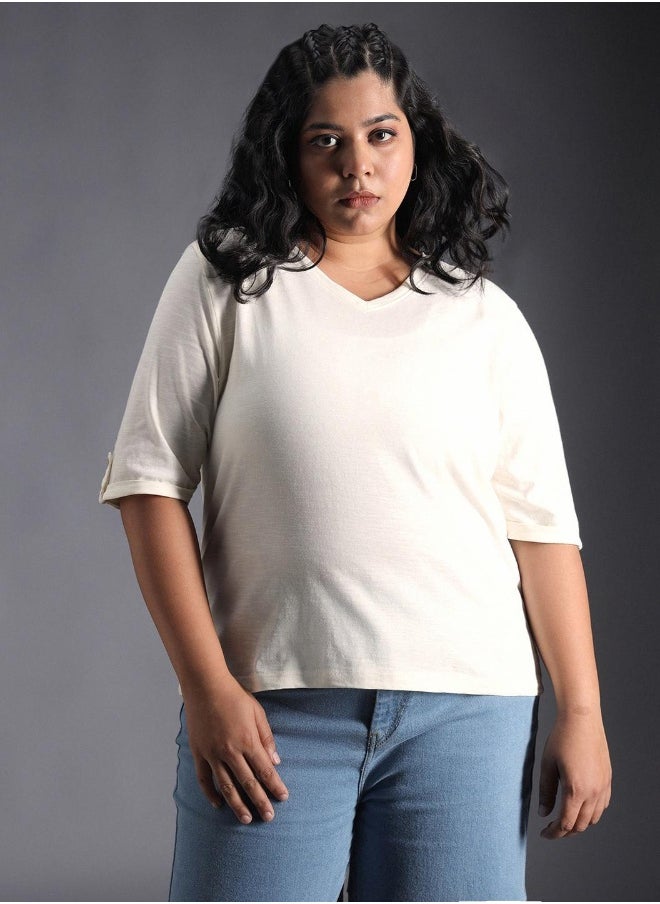 Women's White 100% Cotton Solid Pattern Regular Fit T-Shirt
