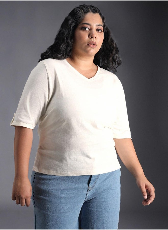Women's White 100% Cotton Solid Pattern Regular Fit T-Shirt