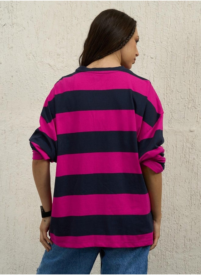 Women's Blue 100% Cotton Striped Boxy T-Shirt