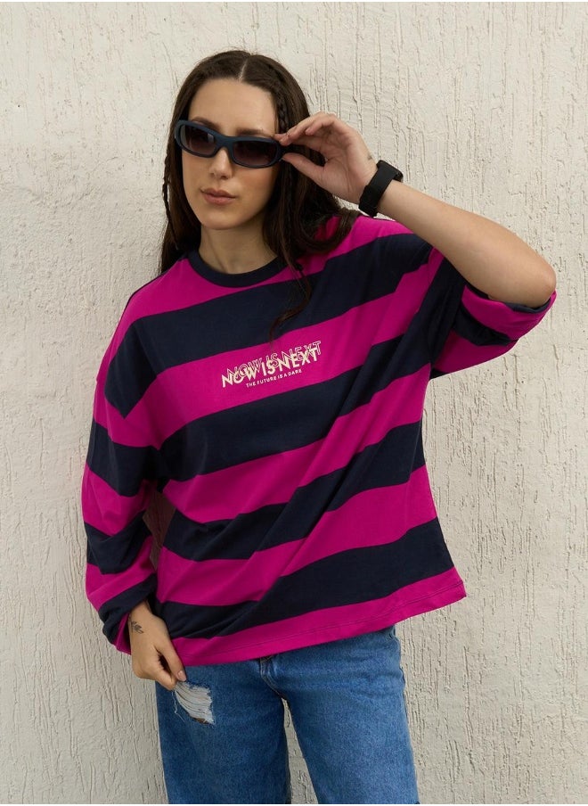 Women's Blue 100% Cotton Striped Boxy T-Shirt