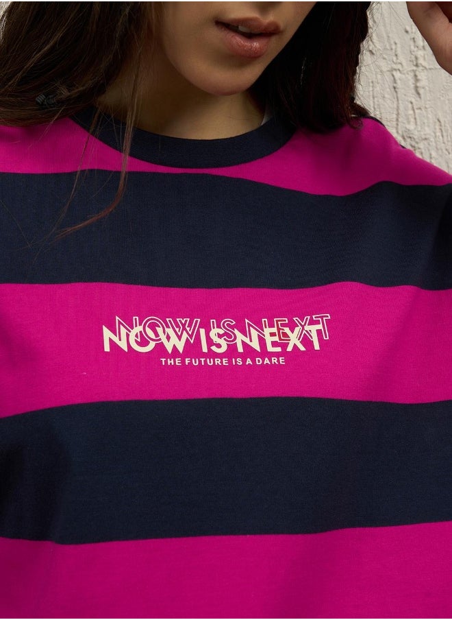 Women's Blue 100% Cotton Striped Boxy T-Shirt