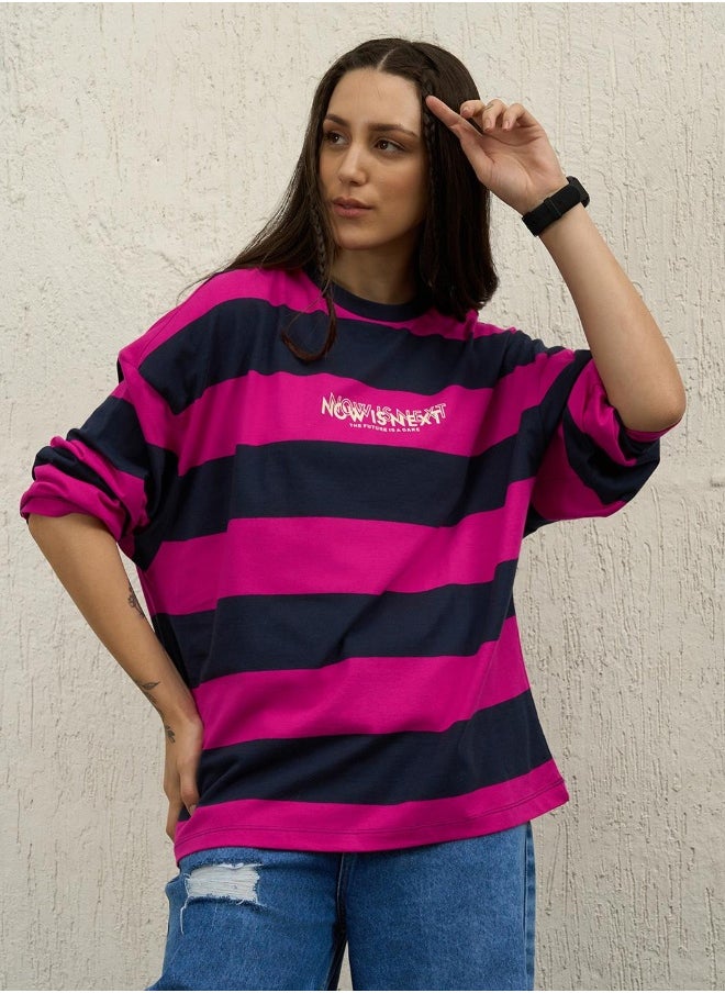 Women's Blue 100% Cotton Striped Boxy T-Shirt
