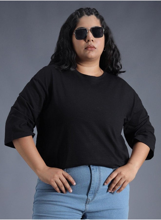 Women's Black 100% Cotton Solid Pattern Regular Fit T-Shirt