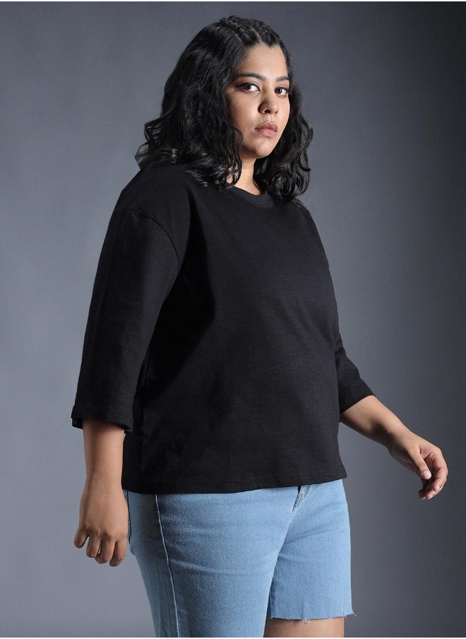 Women's Black 100% Cotton Solid Pattern Regular Fit T-Shirt