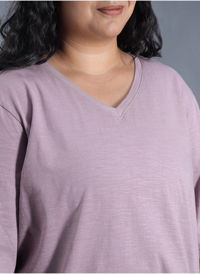 Women's Mauve 100% Cotton Solid Pattern Regular Fit T-Shirt