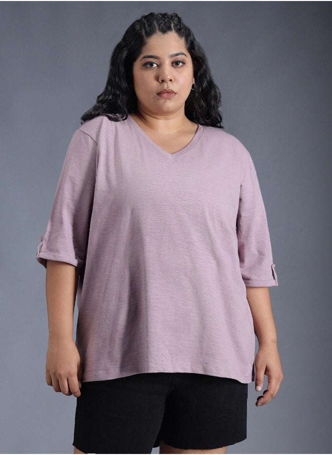 Women's Mauve 100% Cotton Solid Pattern Regular Fit T-Shirt