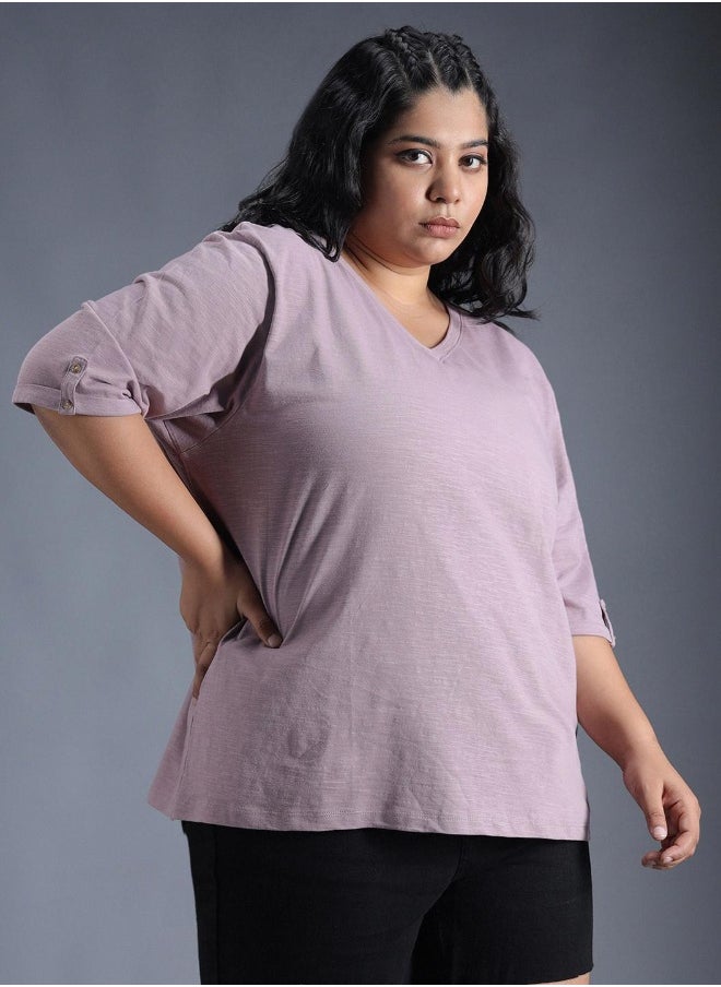 Women's Mauve 100% Cotton Solid Pattern Regular Fit T-Shirt