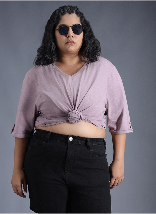 Women's Mauve 100% Cotton Solid Pattern Regular Fit T-Shirt
