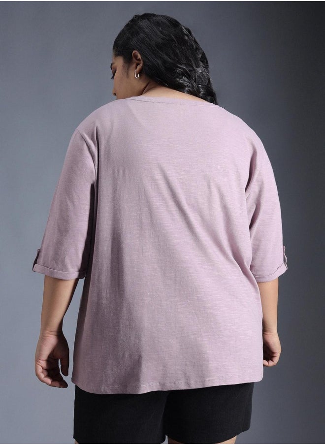 Women's Mauve 100% Cotton Solid Pattern Regular Fit T-Shirt