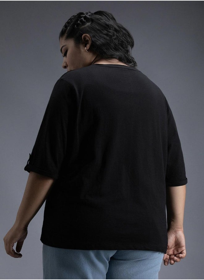 Women's Black 100% Cotton Solid Pattern Regular Fit T-Shirt