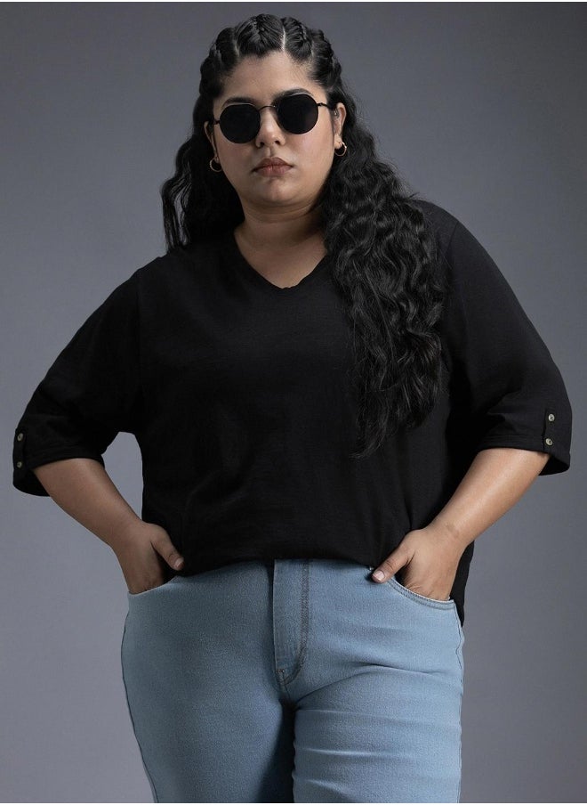 Women's Black 100% Cotton Solid Pattern Regular Fit T-Shirt