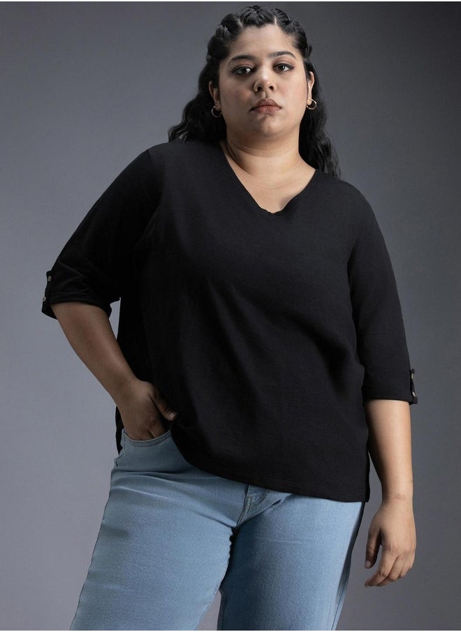 Women's Black 100% Cotton Solid Pattern Regular Fit T-Shirt