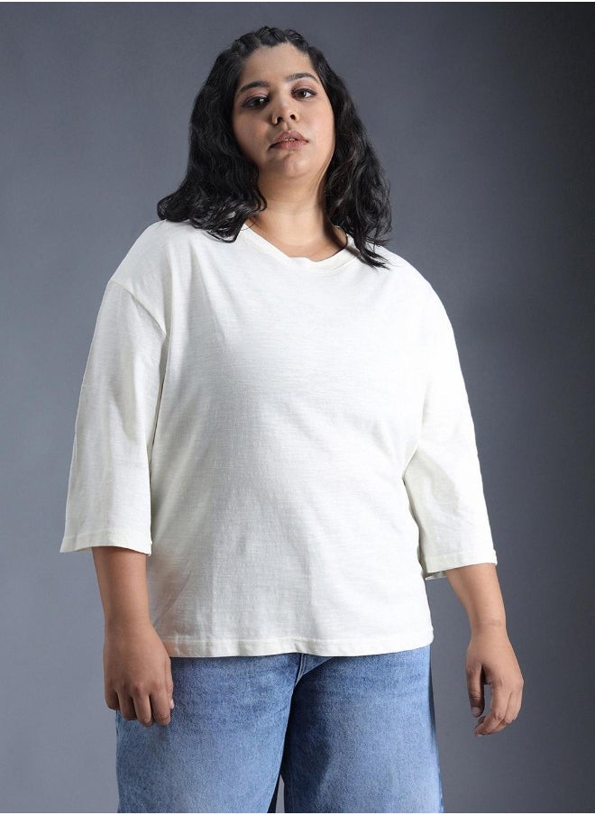 Women's White 100% Cotton Solid Pattern Regular Fit T-Shirt