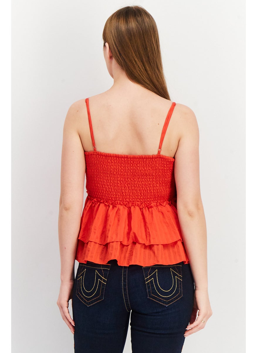 Women Square Neck Sleeveless Shirred Tops, Red