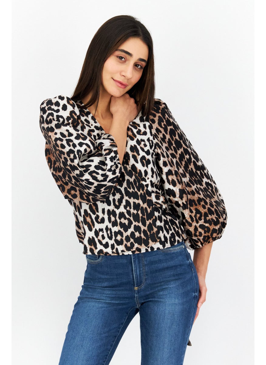 Women V Neck Long Sleeve Animal Print Blouse, Beige