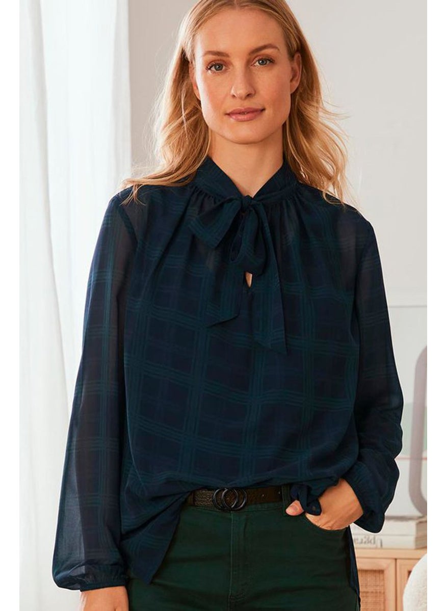 Women Bow Tie Long Sleeeves Plaid Blouse, Navy