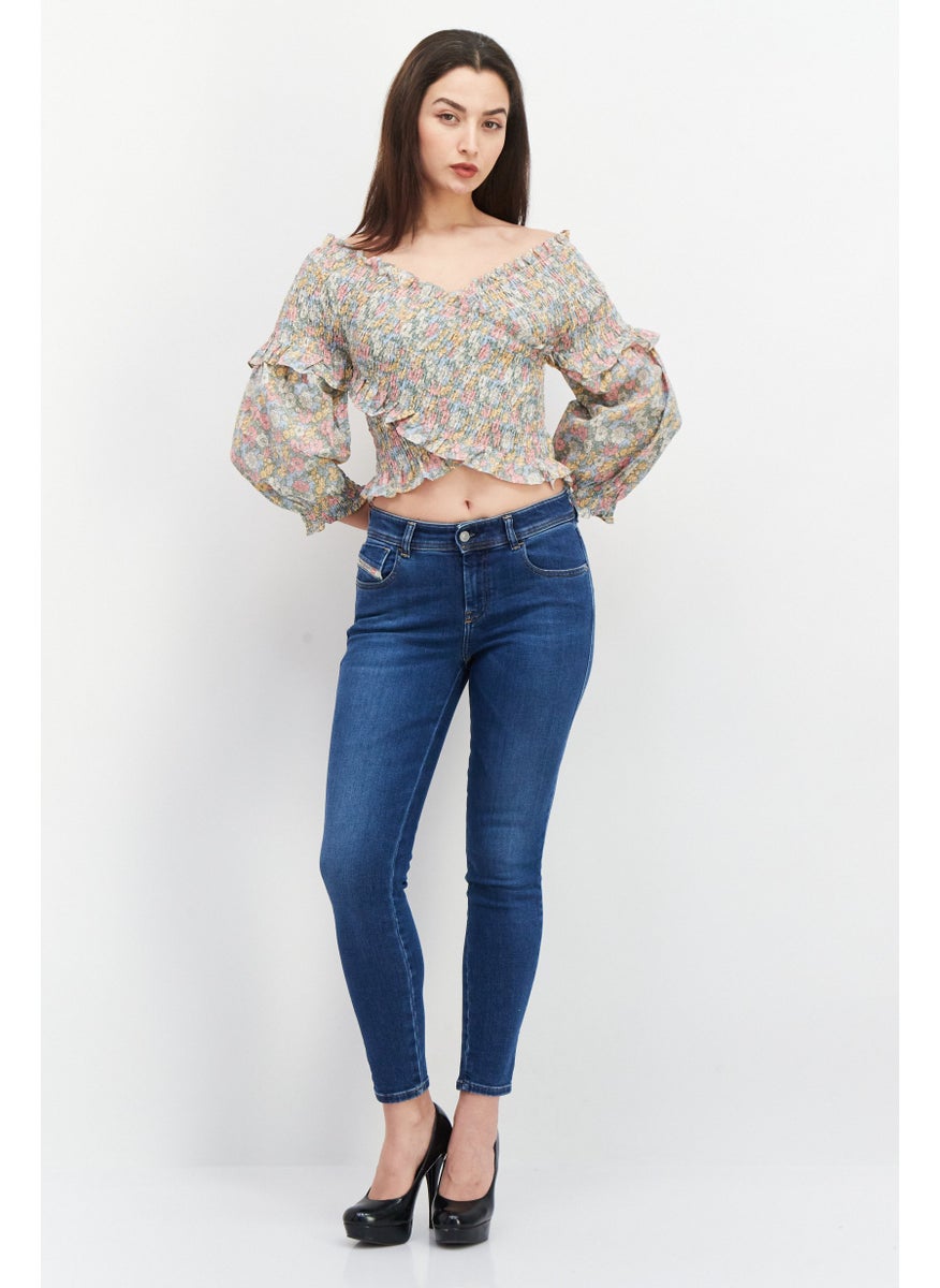 Women Surplice Neck Long Sleeves Floral Printed Top, Green Combo