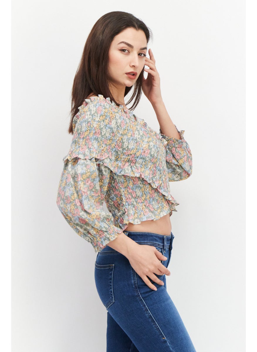 Women Surplice Neck Long Sleeves Floral Printed Top, Green Combo