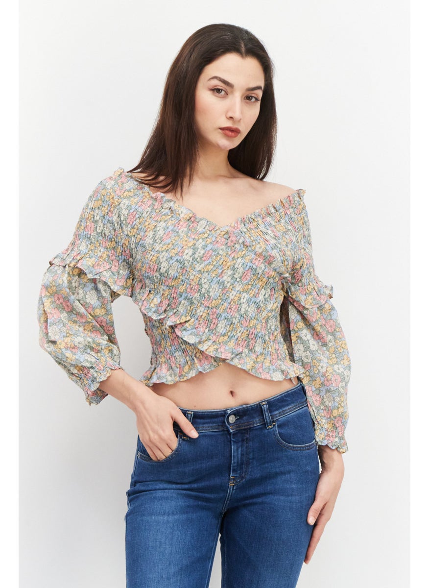 Women Surplice Neck Long Sleeves Floral Printed Top, Green Combo