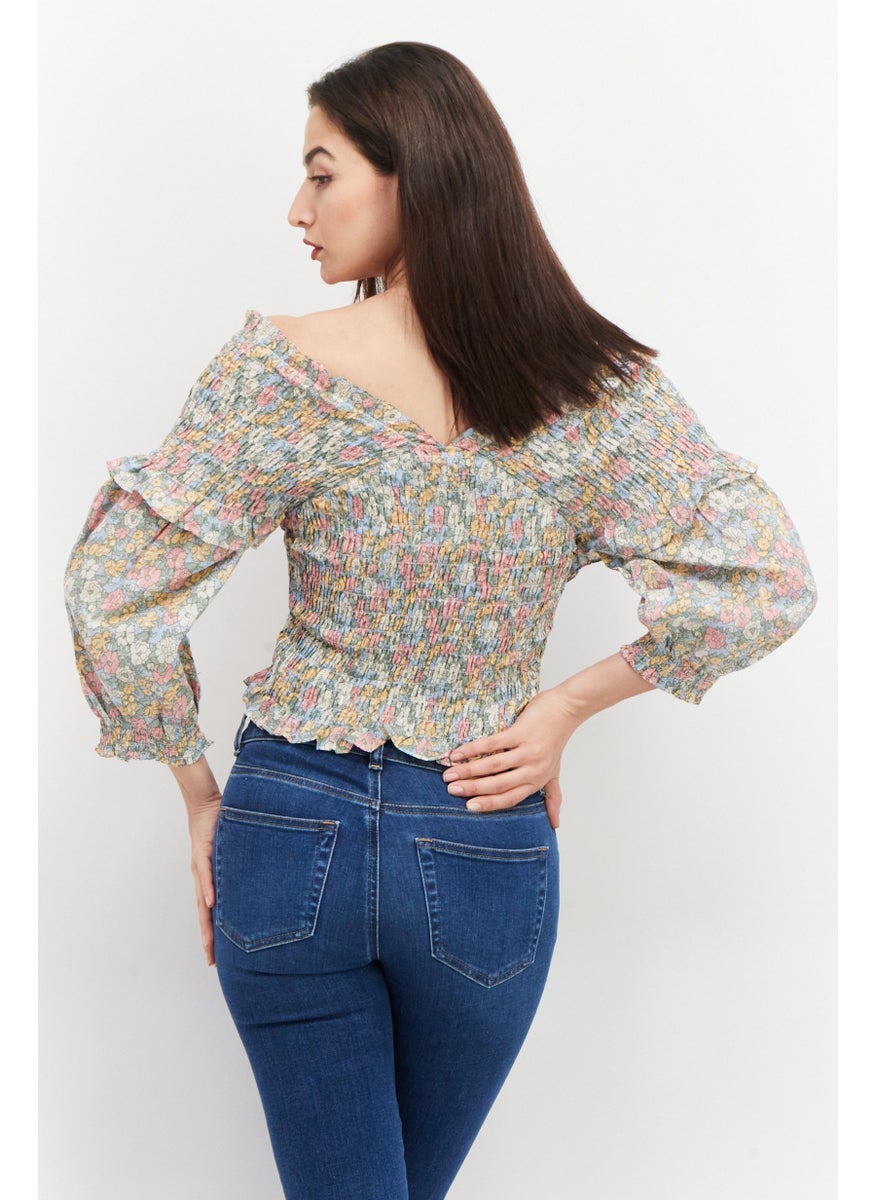 Women Surplice Neck Long Sleeves Floral Printed Top, Green Combo