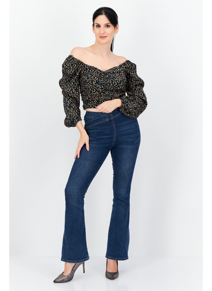 Women Off Shoulder Neck Long Sleeves Allover Print Top, Black Combo
