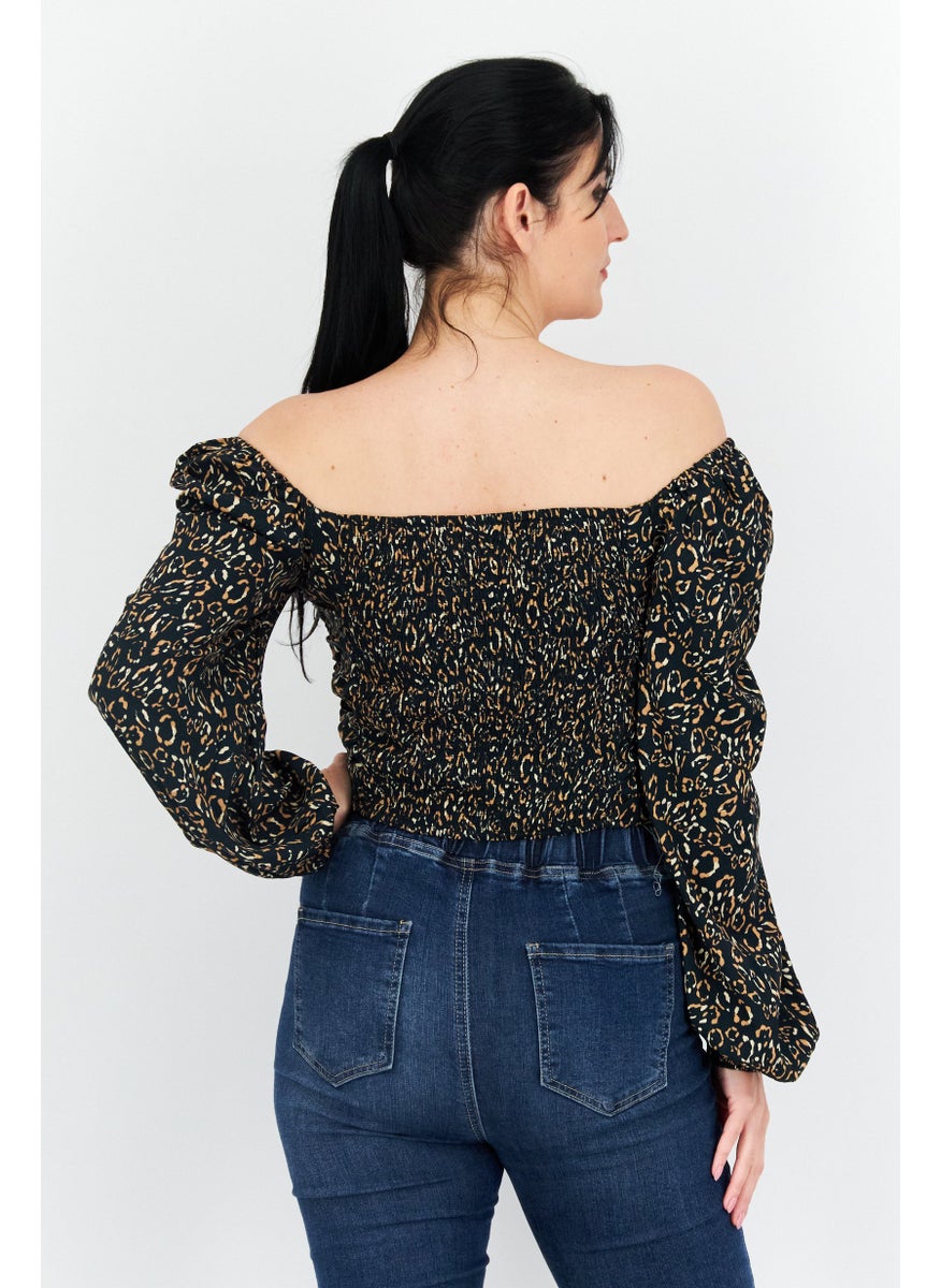 Women Off Shoulder Neck Long Sleeves Allover Print Top, Black Combo