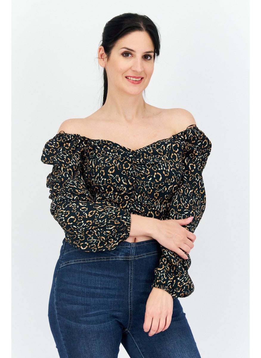 Women Off Shoulder Neck Long Sleeves Allover Print Top, Black Combo