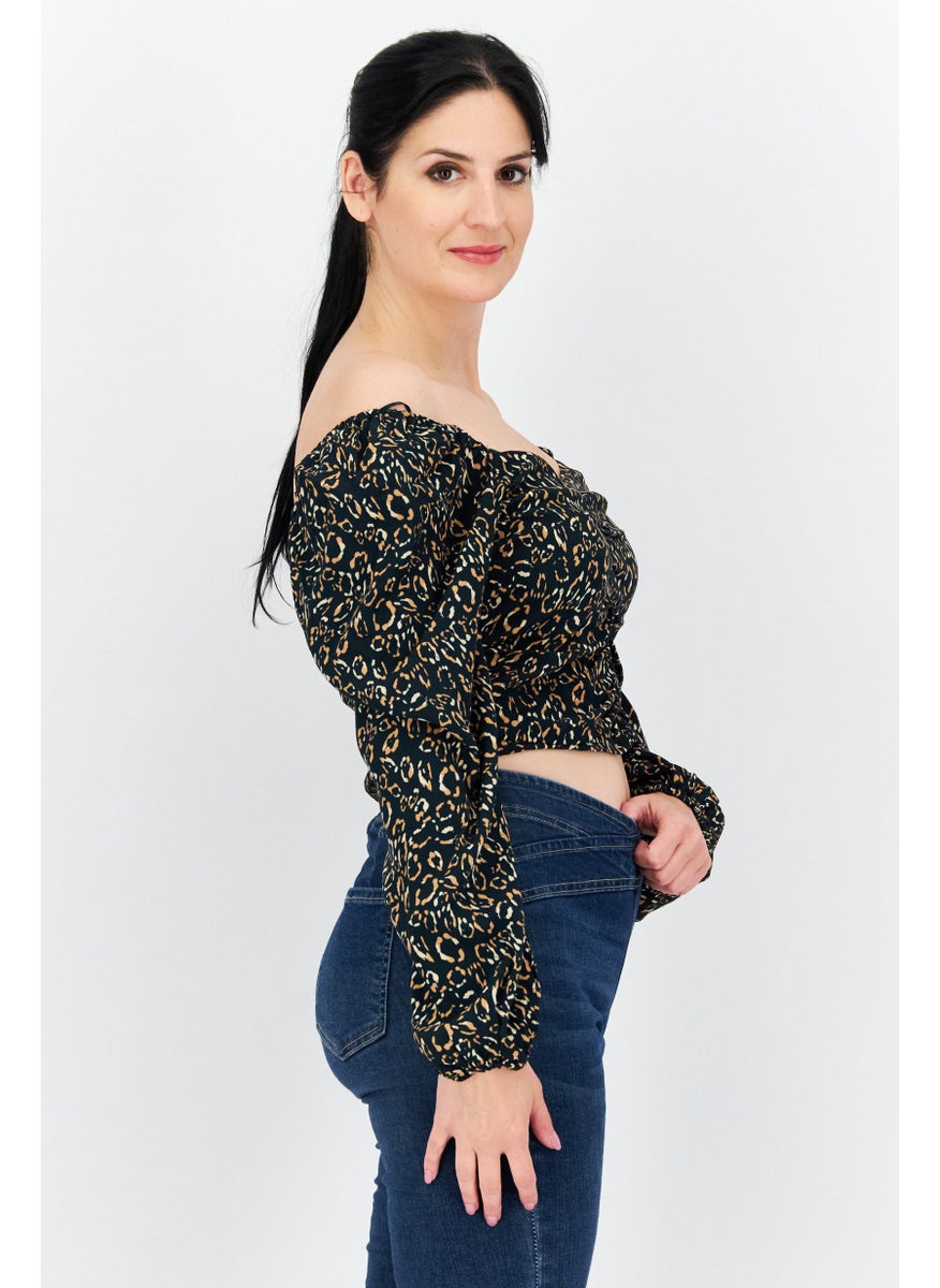 Women Off Shoulder Neck Long Sleeves Allover Print Top, Black Combo