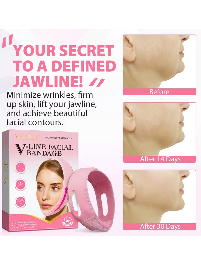 V Line Facial Bandage Double Chin Reducer Strap V Shaped Face Chin Up Belt Reduce Sagging and Fights Aging Signs Lift Jawline Face Slimming Patch V Line Face Lifting Mask Light Pink