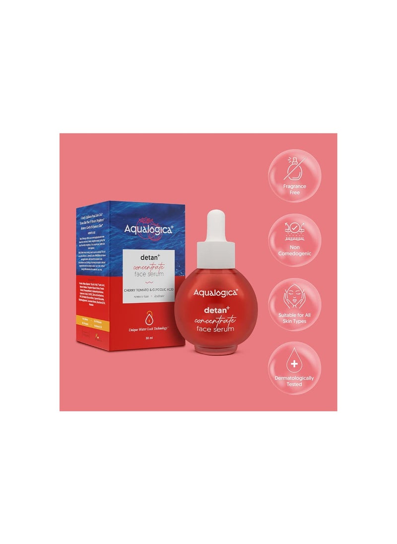 Aqualogica Detan+ Concentrate Face Serum for Men & Women - With Cherry Tomato & Glycolic Acid for Tan Removal, Gentle Exfoliation Oily, Dry & Glowing Skin -30ml
