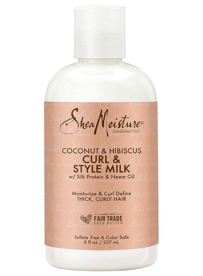 Fair Trade Sulfate Free Coconut Hibiscus Curl & Style Milk with Silk Protein & Neem Oil For Thick, Defined, Curly Hair 8 oz 237 ml