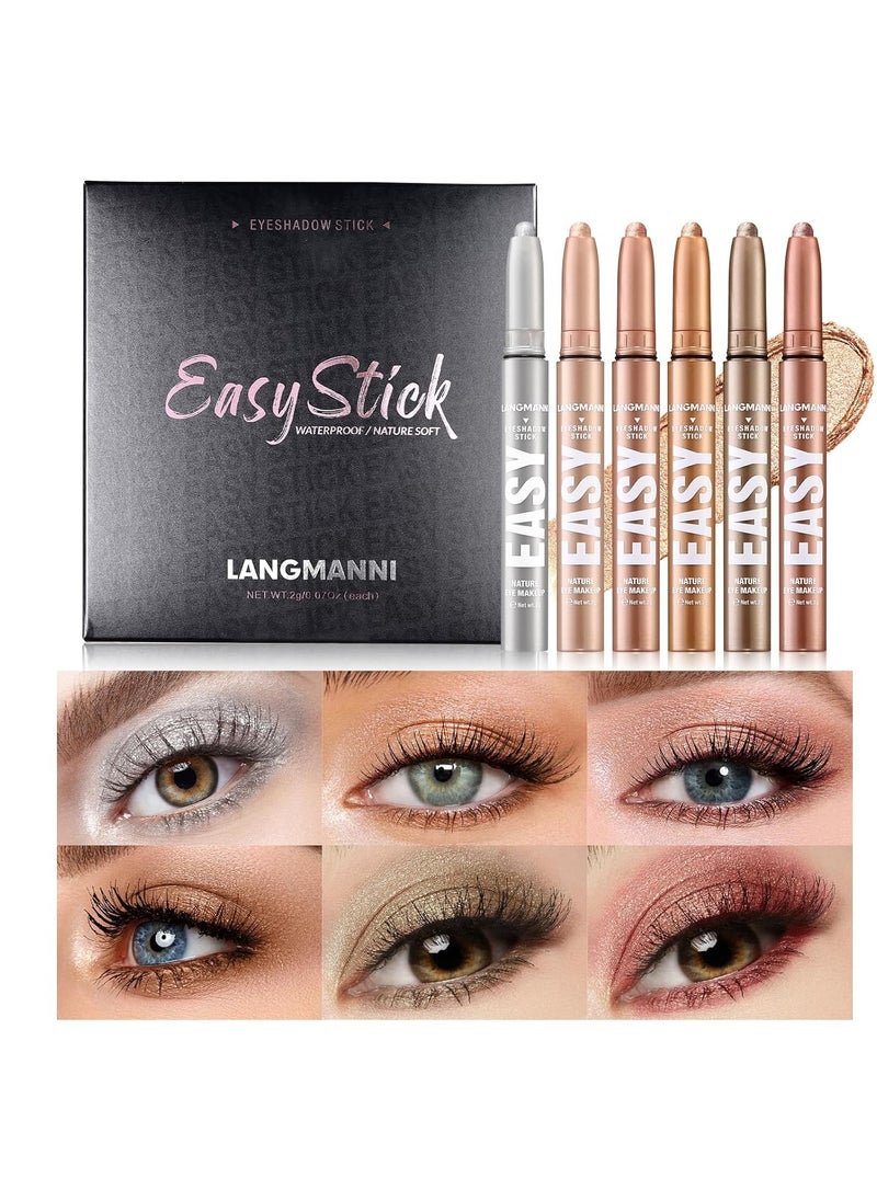 LANGMANNI Eyeshadow Stick, 6 PCS Waterproof Multi-Color Eyeshadow Pen Set, Creamy Long-Lasting Eye Makeup Kit, Natural & Shimmer Shades Contour Stick, Perfect Gifts For Women (#B)
