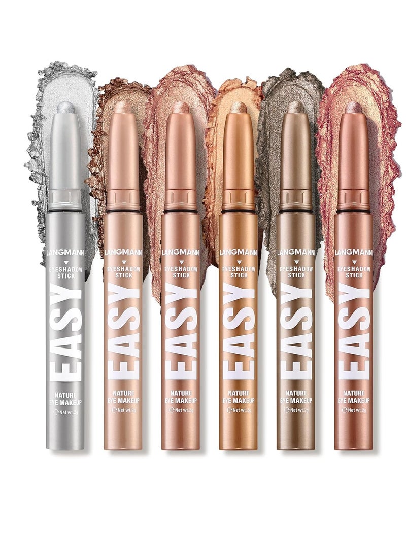 LANGMANNI Eyeshadow Stick, 6 PCS Waterproof Multi-Color Eyeshadow Pen Set, Creamy Long-Lasting Eye Makeup Kit, Natural & Shimmer Shades Contour Stick, Perfect Gifts For Women (#B)
