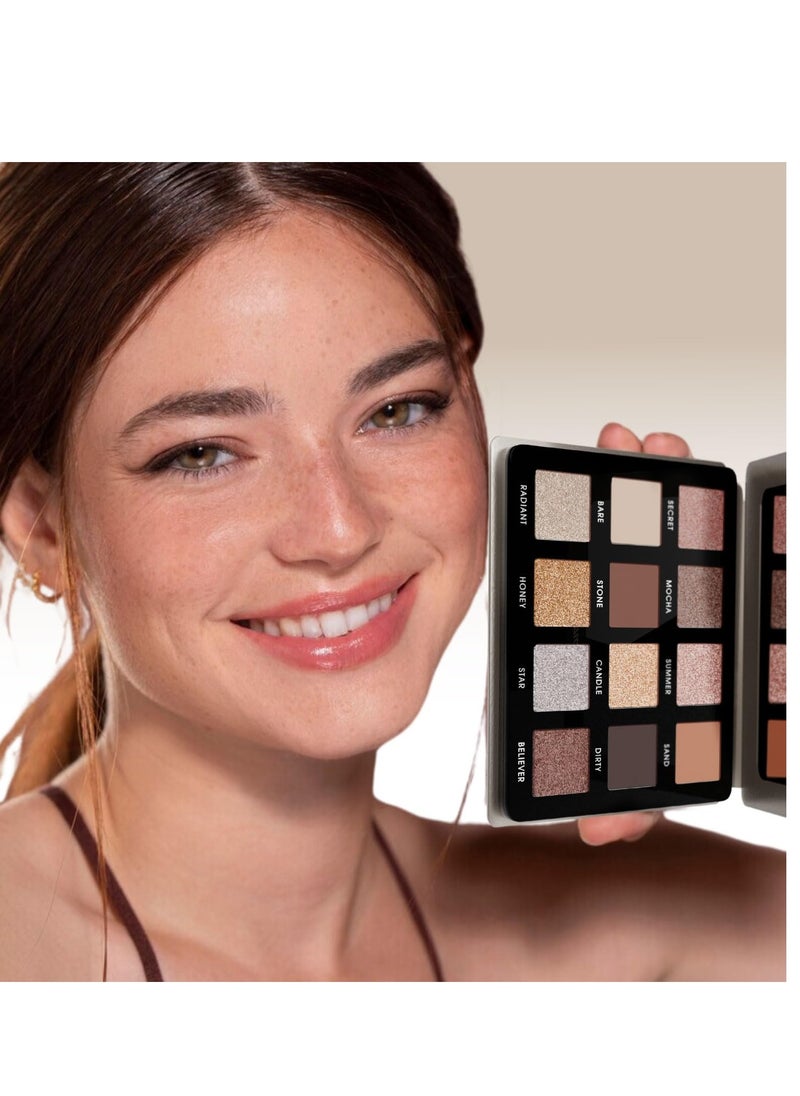 Lamora Nude Neutral Eyeshadow Palette - 12 Natural Highly Pigmented Shimmer & Matte Shades - Travel Size Makeup Palette with Mirror